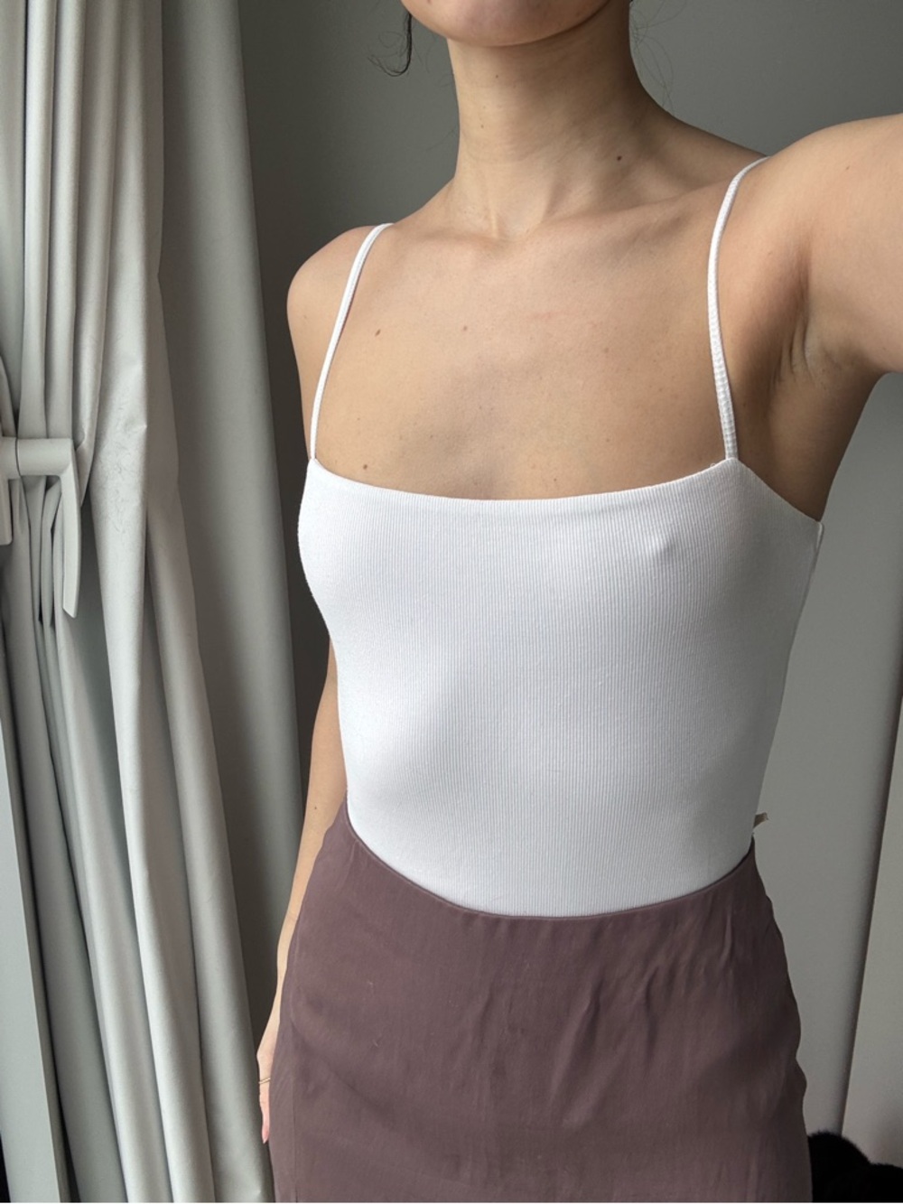 Aritzia Sunday Beat White Ribbed Square-Neck Spaghetti Strap Bodysuit